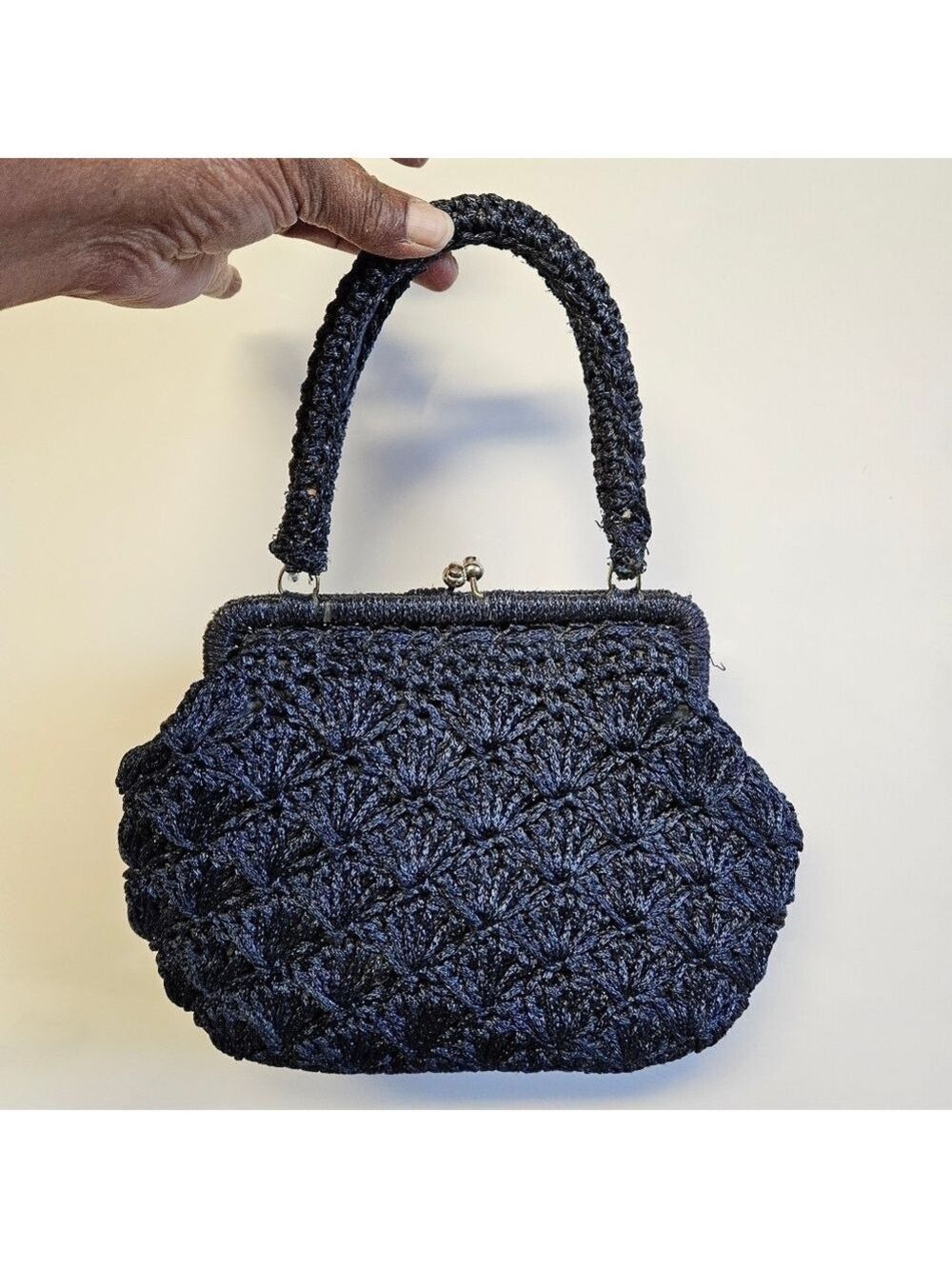 Vintage 40s Goldco Japan Navy Blue Crocheted Shell Satchel Bag
